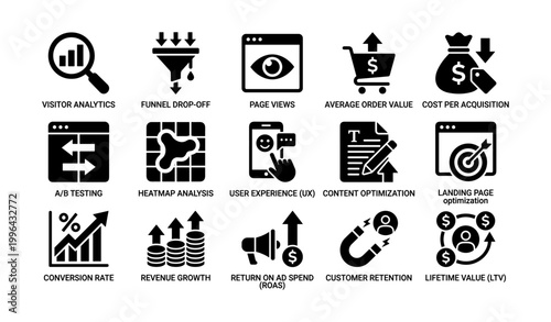Marketing metric icons showing analytics and conversion concepts