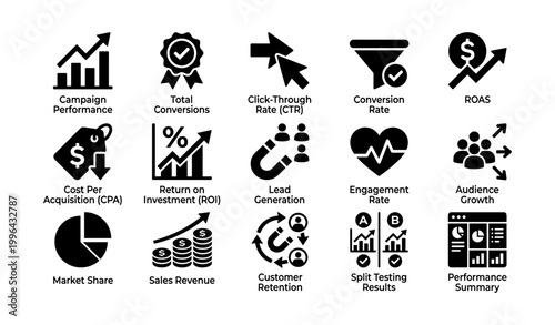 Marketing icons showing performance and conversion metrics on white