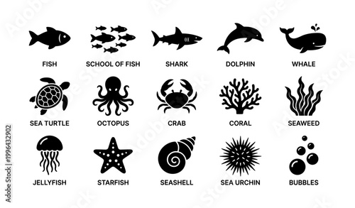 Marine life and sea creature icons arranged in labeled grid