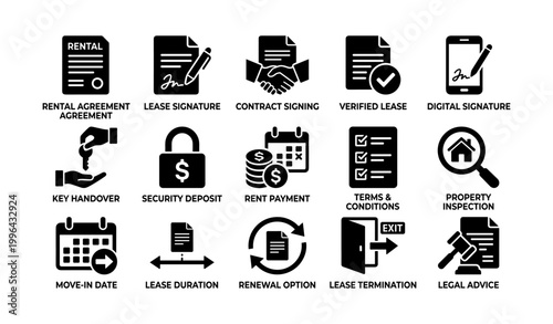 Rental agreement icons showing lease steps on white background