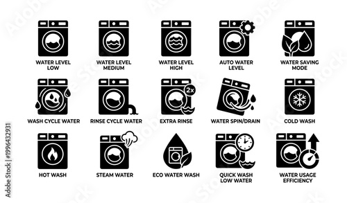 Washing machine icons showing water and cycle settings on white