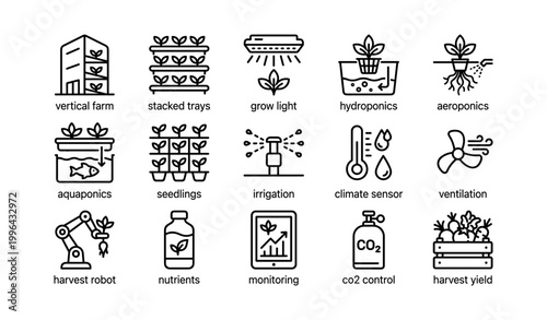 Vertical farming icons arranged in grid on white background