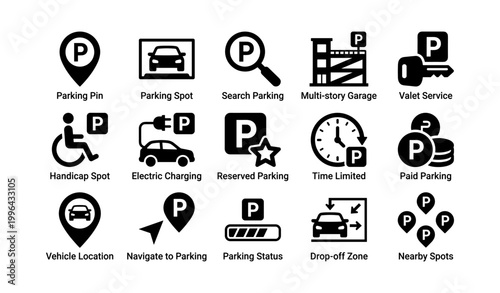 Parking and vehicle icons arranged in grid on white background