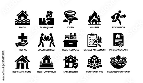 Disaster relief icons showing hazards and recovery actions for homes