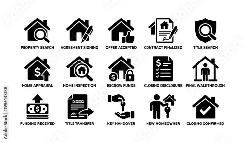 Real estate icons showing transaction steps on white background