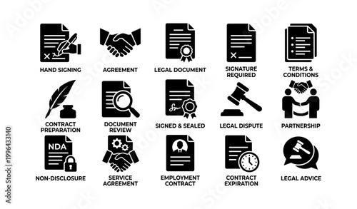 Contract and legal icons showing signatures and document actions