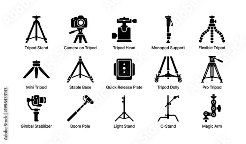 Tripod and camera support icons showing stands and mounts on white