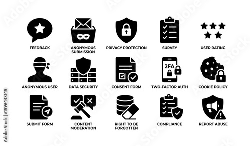 Privacy and feedback icons displaying security and consent on white