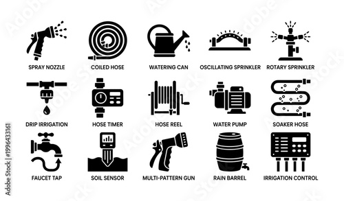 Irrigation and watering icons arranged in grid on white background