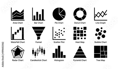 Data visualization chart icons arranged in grid on white background