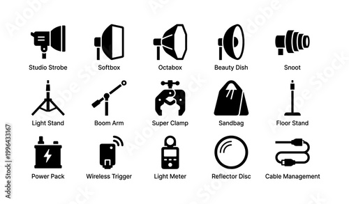 Photography lighting accessories arranged in grid on white background