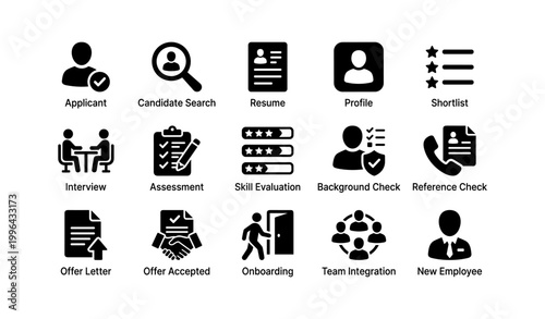 Recruitment and hiring icons displayed in grid on white background