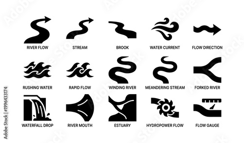 River and water flow icons arranged in grid on white background