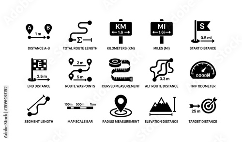 Map distance and measurement icons arranged in grid