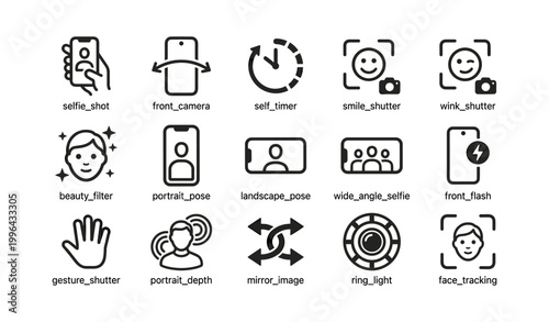Selfie icons showing shutter modes and portrait on white