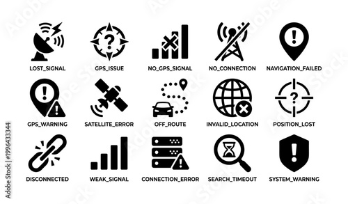 Navigation and connection warning icons arranged on white background