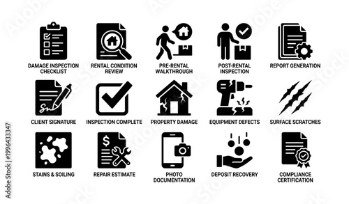 Property inspection and damage icons on white grid background