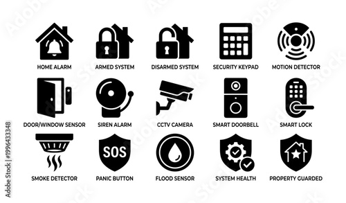 Security icons showing alarm sensors and smart door devices