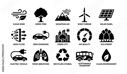 Environmental and clean energy icons arranged on white background