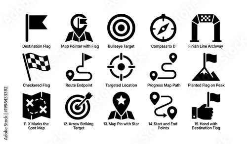 Navigation and destination icons with flags on white background