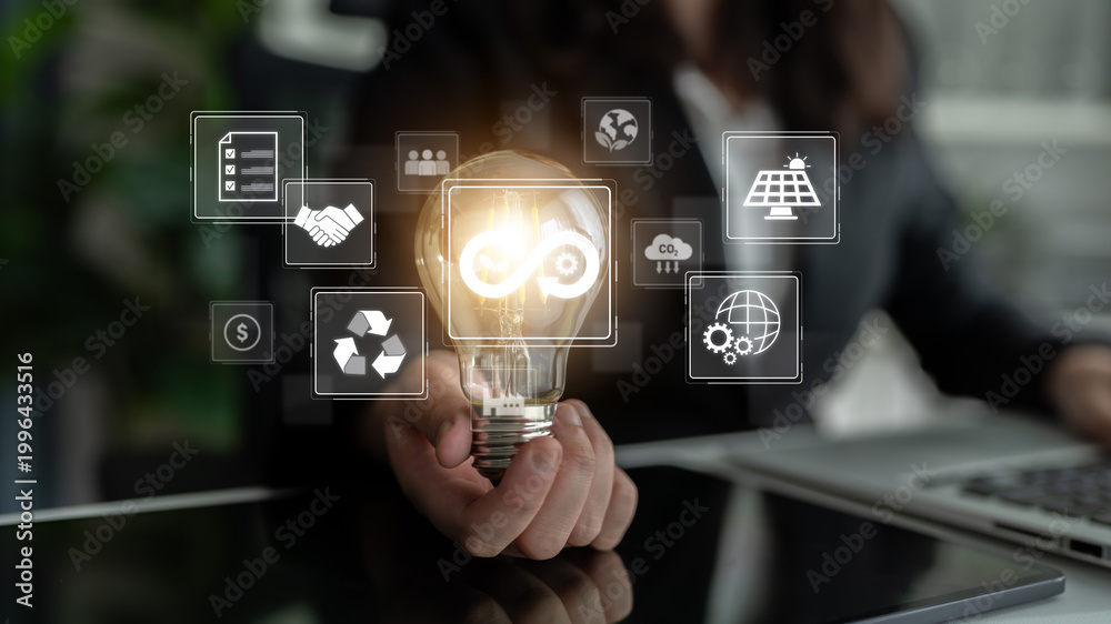 Fototapeta premium Circular economy supports sustainable development. Circular economy reduces waste, circular economy promotes reuse, circular economy boosts efficiency, and drives innovation. Latch