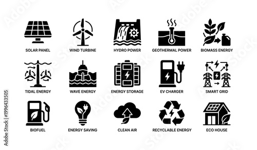 Renewable energy icons depicting power sources on white background
