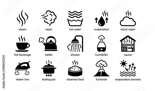 Steam and vapor icons arranged in a grid on white background