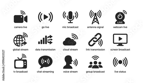 Live streaming and broadcast icons on white background