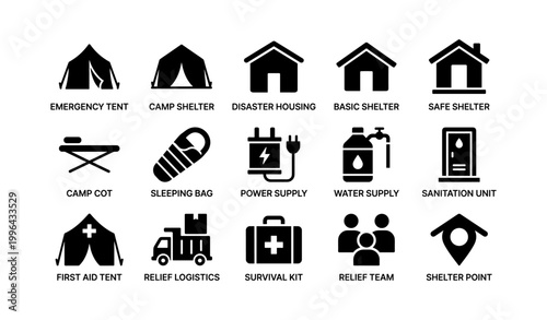 Disaster shelter and relief supply icons on white background