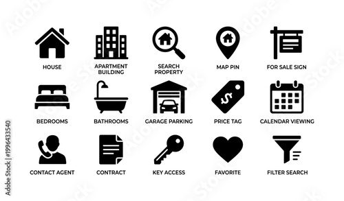 Real estate icons showing property listing symbols in grid