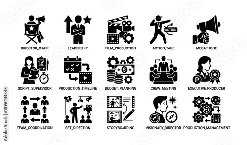 Film production and crew leadership icons in grid on white