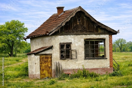 Abandoned rural house with broken windows in overgrown field