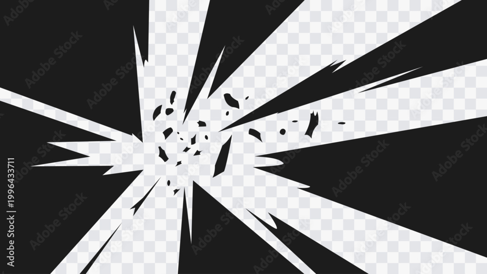 Fototapeta premium Abstract manga-style explosion burst with sharp radial beams and scattered debris fragments. High-contrast black shapes radiate from the center, creating a strong sense of impact and energy.