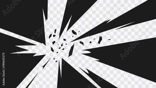 Abstract manga-style explosion burst with sharp radial beams and scattered debris fragments. High-contrast black shapes radiate from the center, creating a strong sense of impact and energy.