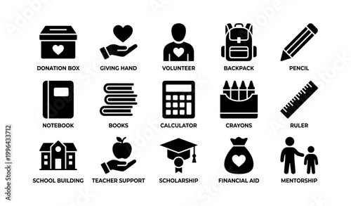 Charity and school supply icons arranged in grid on white background
