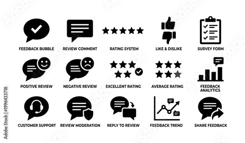 Feedback and review icons displayed in rows on white background
