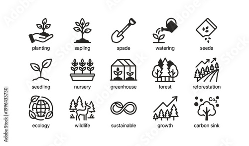 Planting and reforestation icons showing saplings, trees and ecology