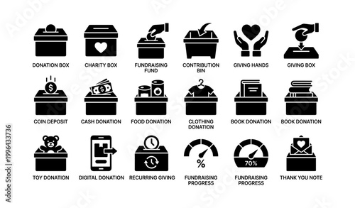 Donation and fundraising icons showing giving methods and items