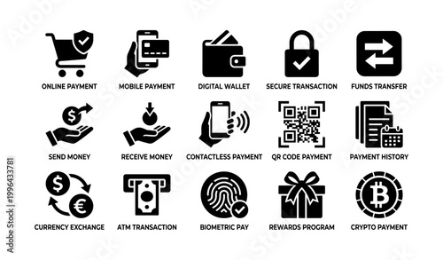 Payment icons showing transaction actions on white background