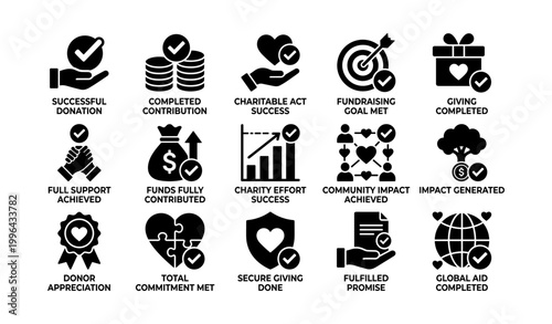 Donation and charity icons showing giving success and impact on white