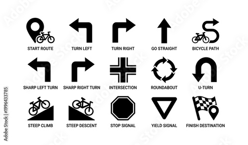 Bicycle route icons showing turns and road signs on white background