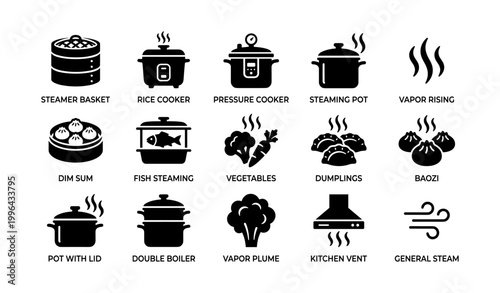 Cookware icons showing steaming methods and food items