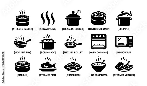 Cooking icons showing steaming and cooking methods on white background