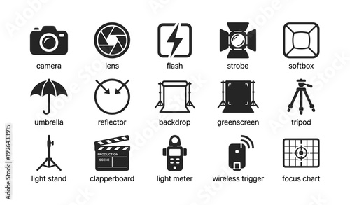 Photography equipment icons arranged on white background in grid