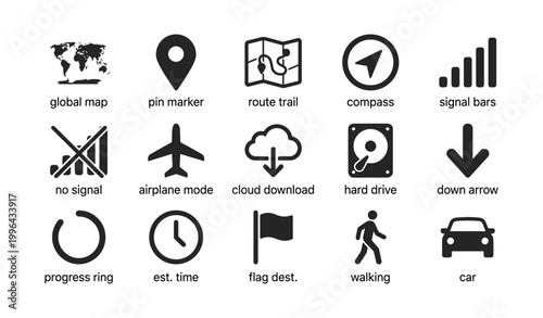 Navigation and map icons displayed in rows on white background