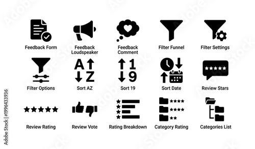 Feedback and filter icons grid with review controls