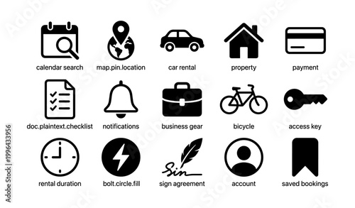 Travel and booking icons showing rental and reservation tools on white