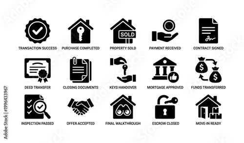 Real estate transaction icons showing closing steps on white background