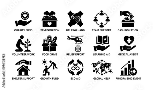 Charity and fundraising icons displayed in grid on white background