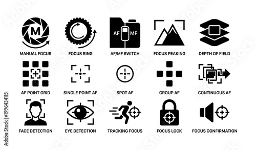 Camera focus and autofocus icons arranged in grid on white background